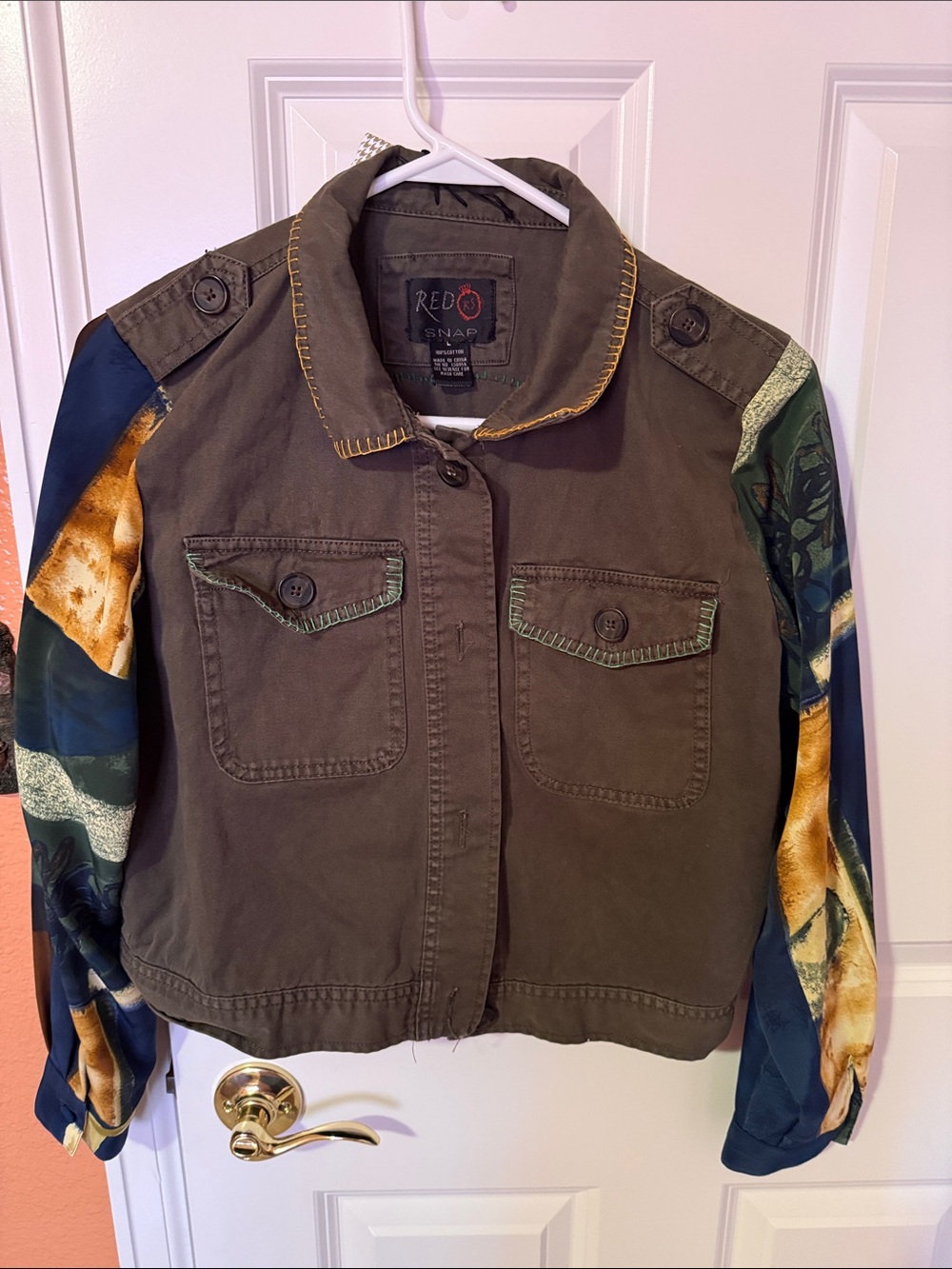 Khaki Military Jacket with Patterned Sleeves